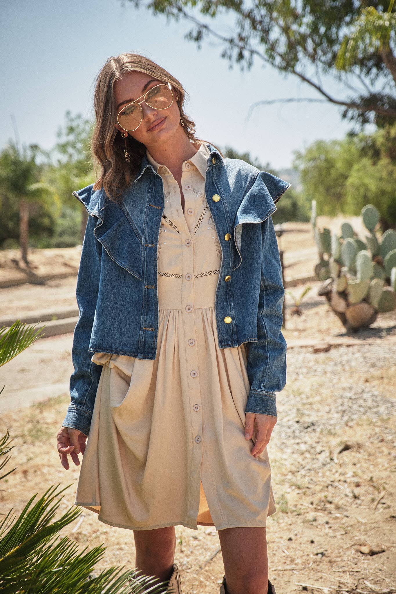 23667J - Diagonal Ruffled Long Sleeves Denim Jacket