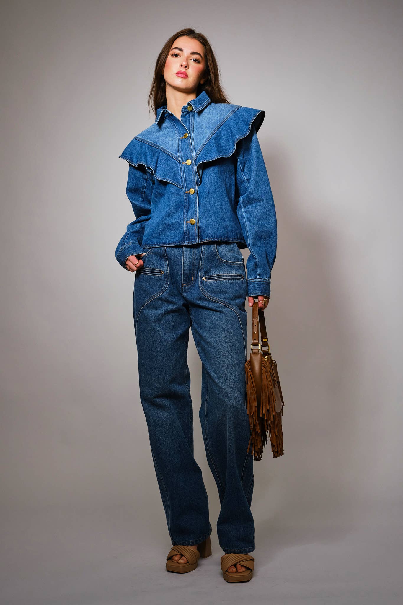 23667J - Diagonal Ruffled Long Sleeves Denim Jacket