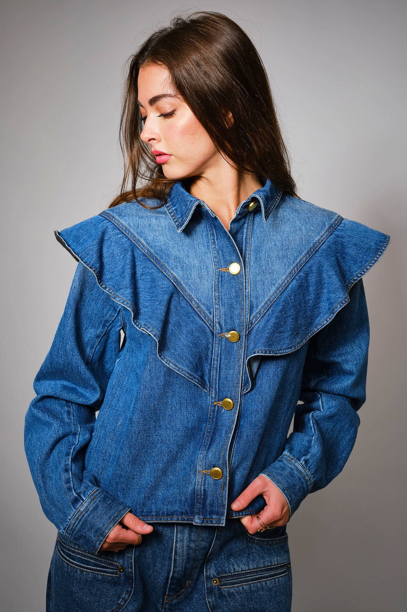 23667J - Diagonal Ruffled Long Sleeves Denim Jacket