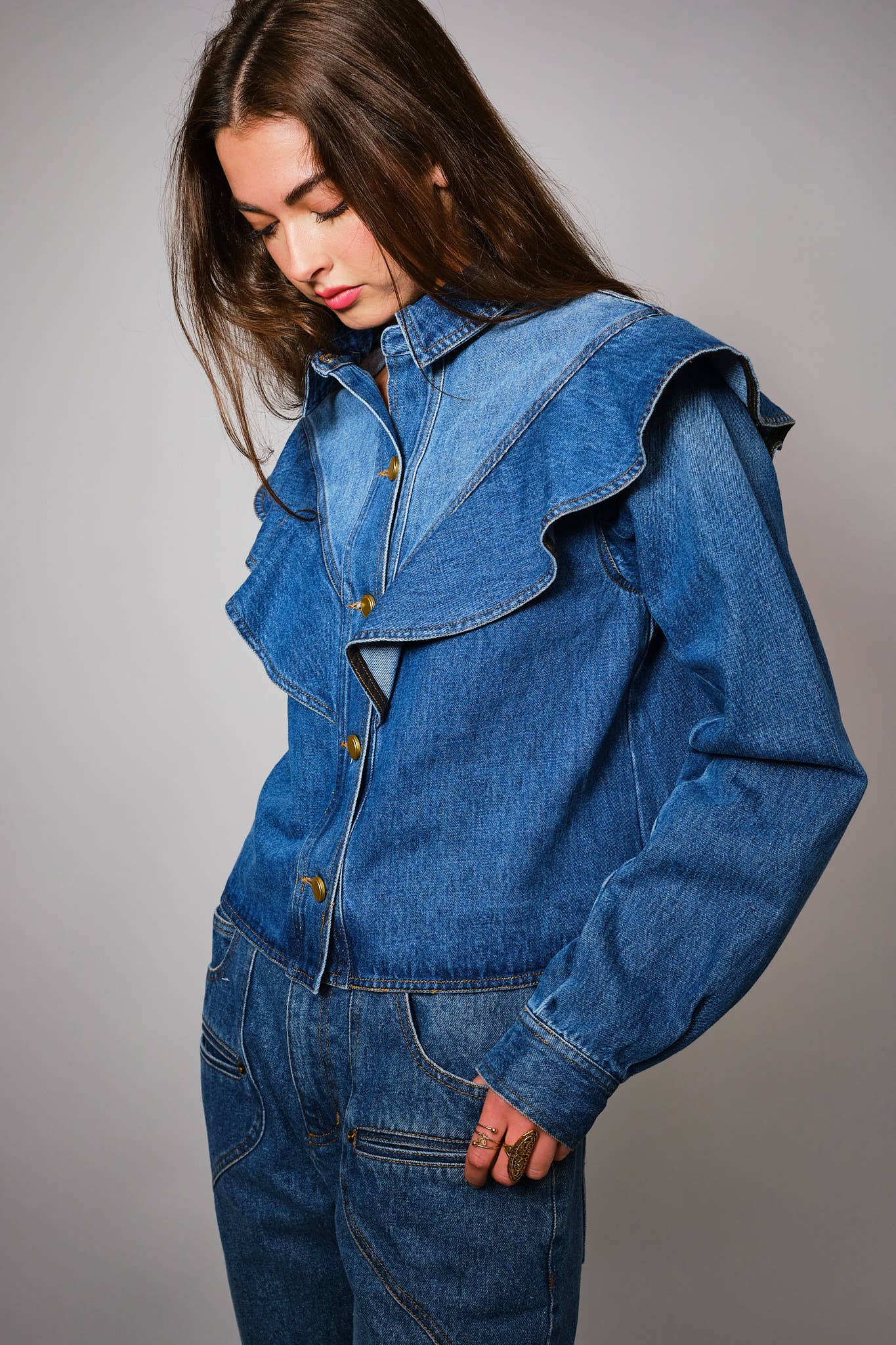 23667J - Diagonal Ruffled Long Sleeves Denim Jacket