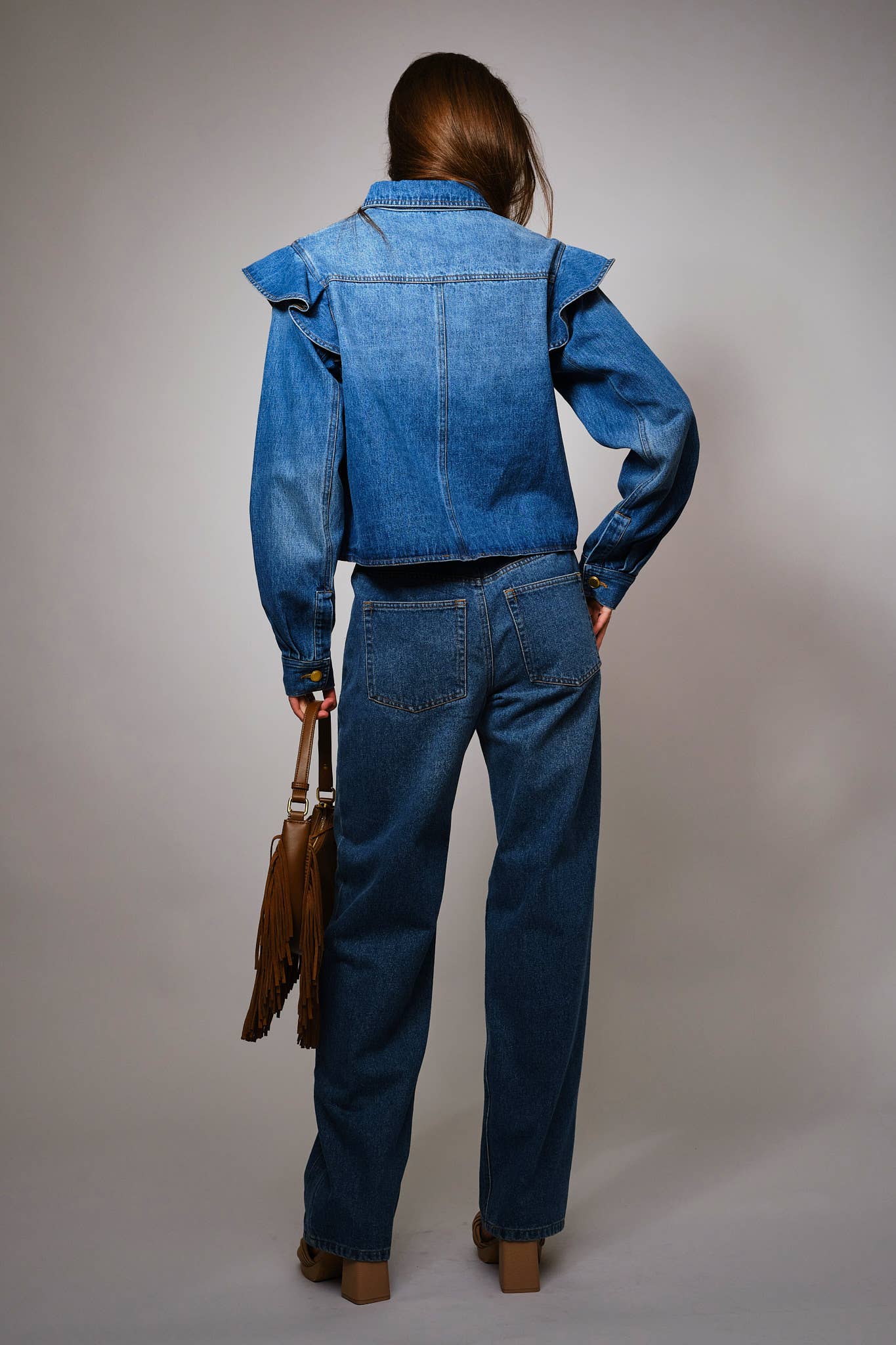23667J - Diagonal Ruffled Long Sleeves Denim Jacket