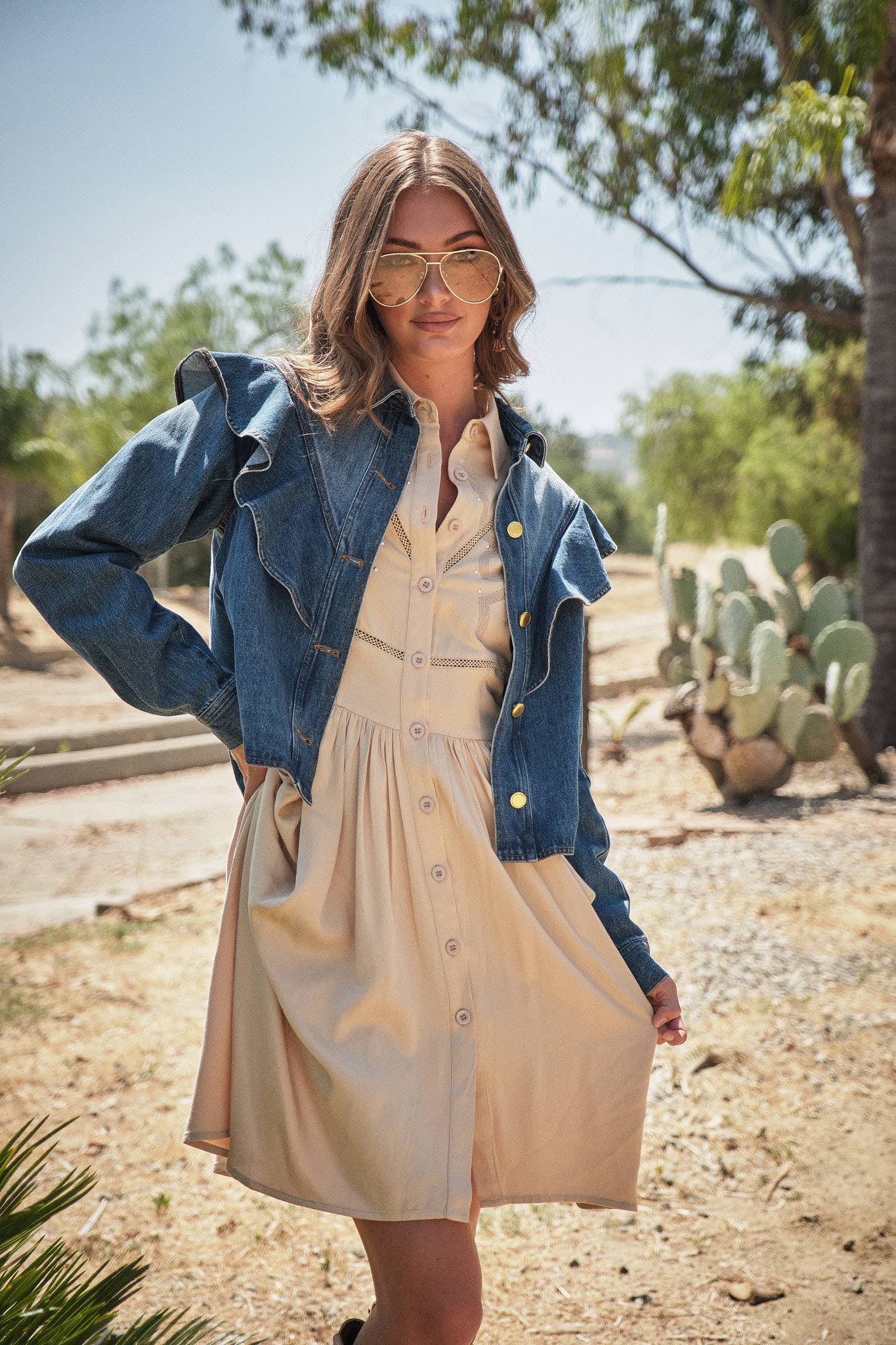 23667J - Diagonal Ruffled Long Sleeves Denim Jacket