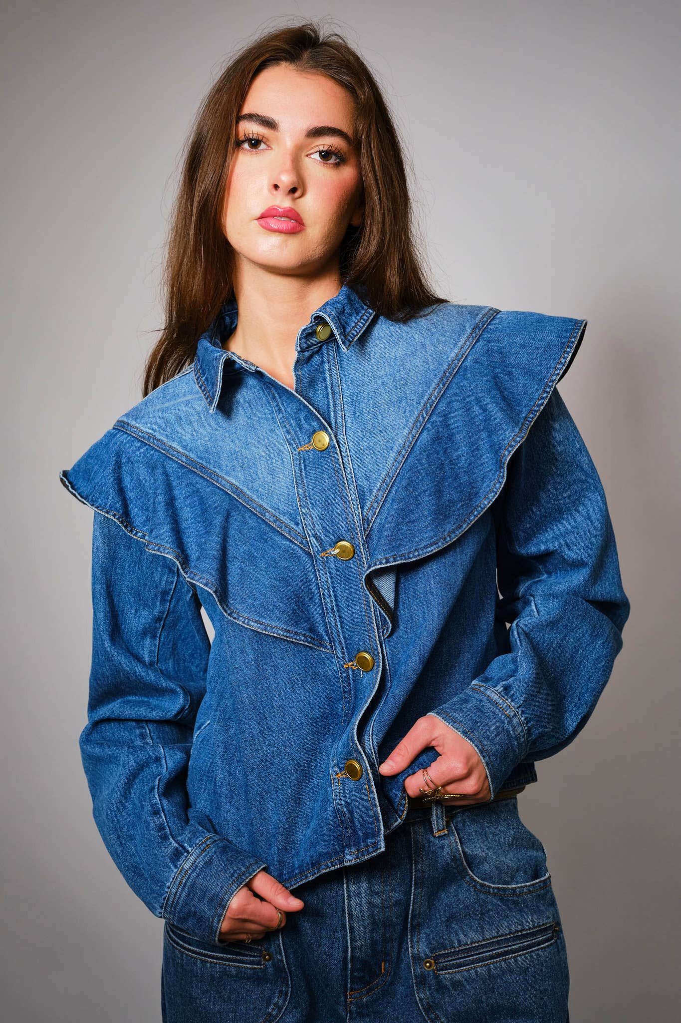 23667J - Diagonal Ruffled Long Sleeves Denim Jacket