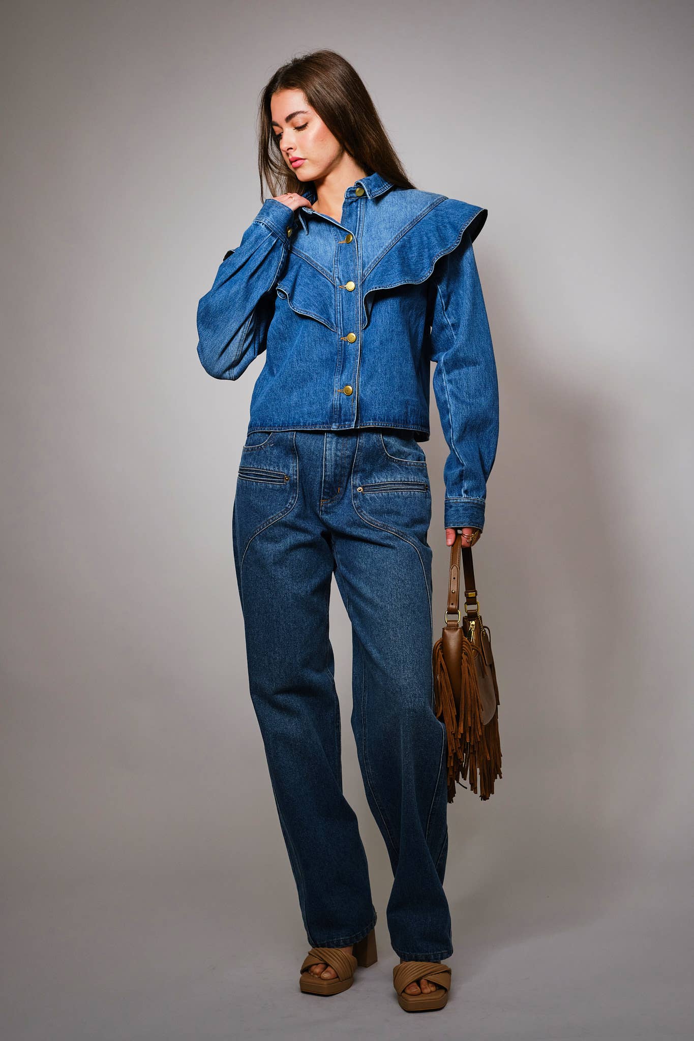 23667J - Diagonal Ruffled Long Sleeves Denim Jacket