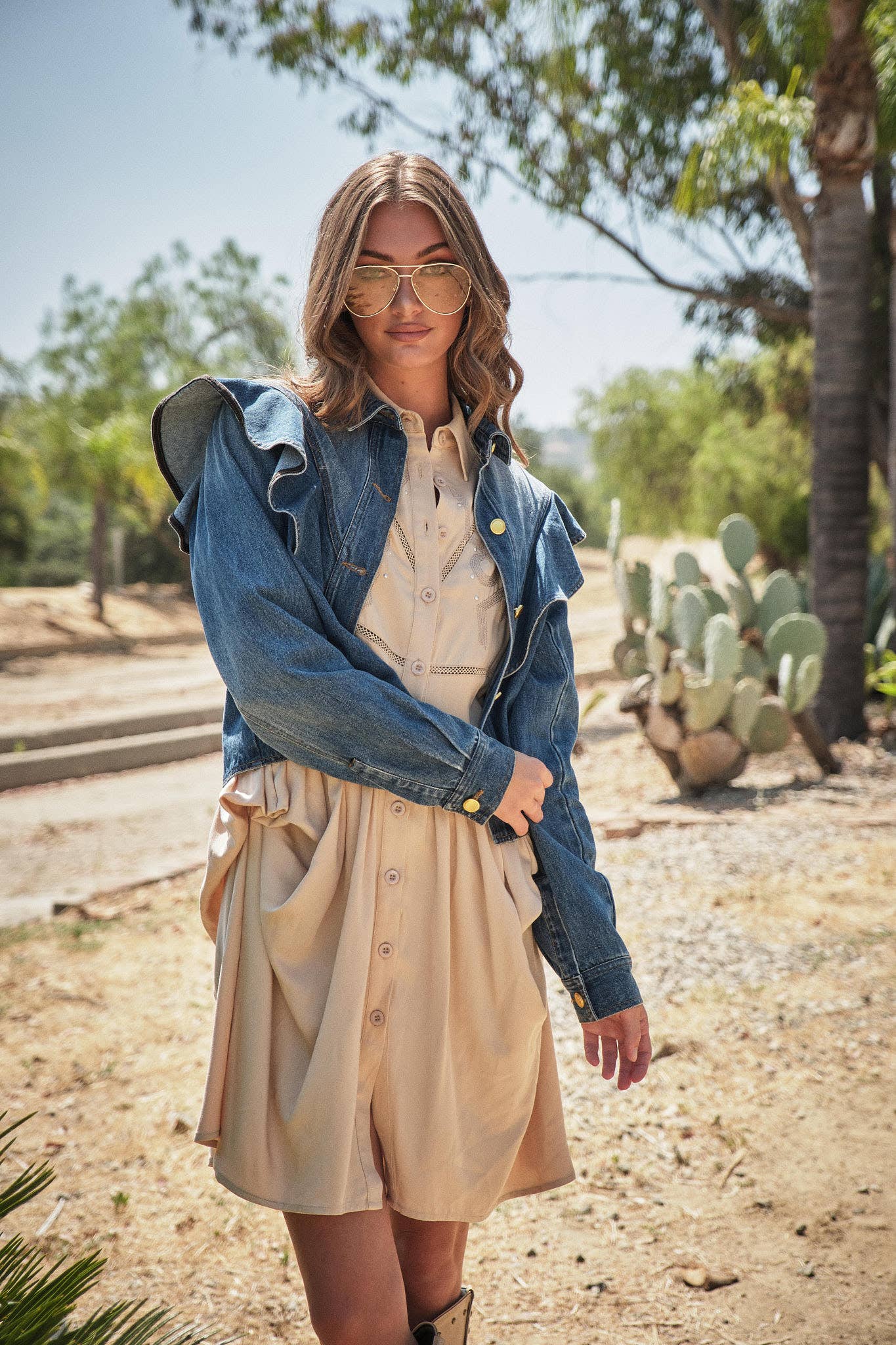 23667J - Diagonal Ruffled Long Sleeves Denim Jacket