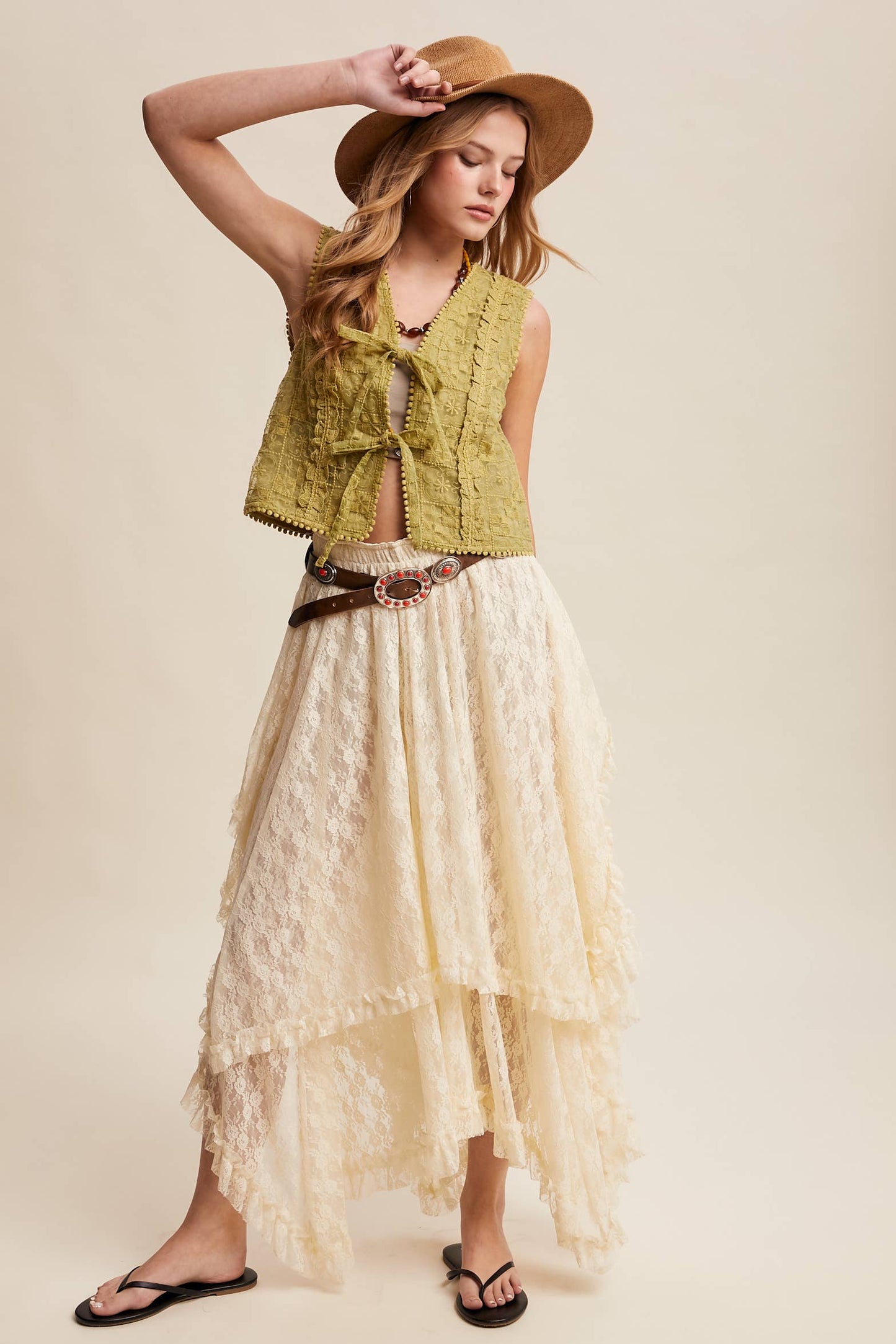 Embroidered Lace Tie-Front Vest LVT009