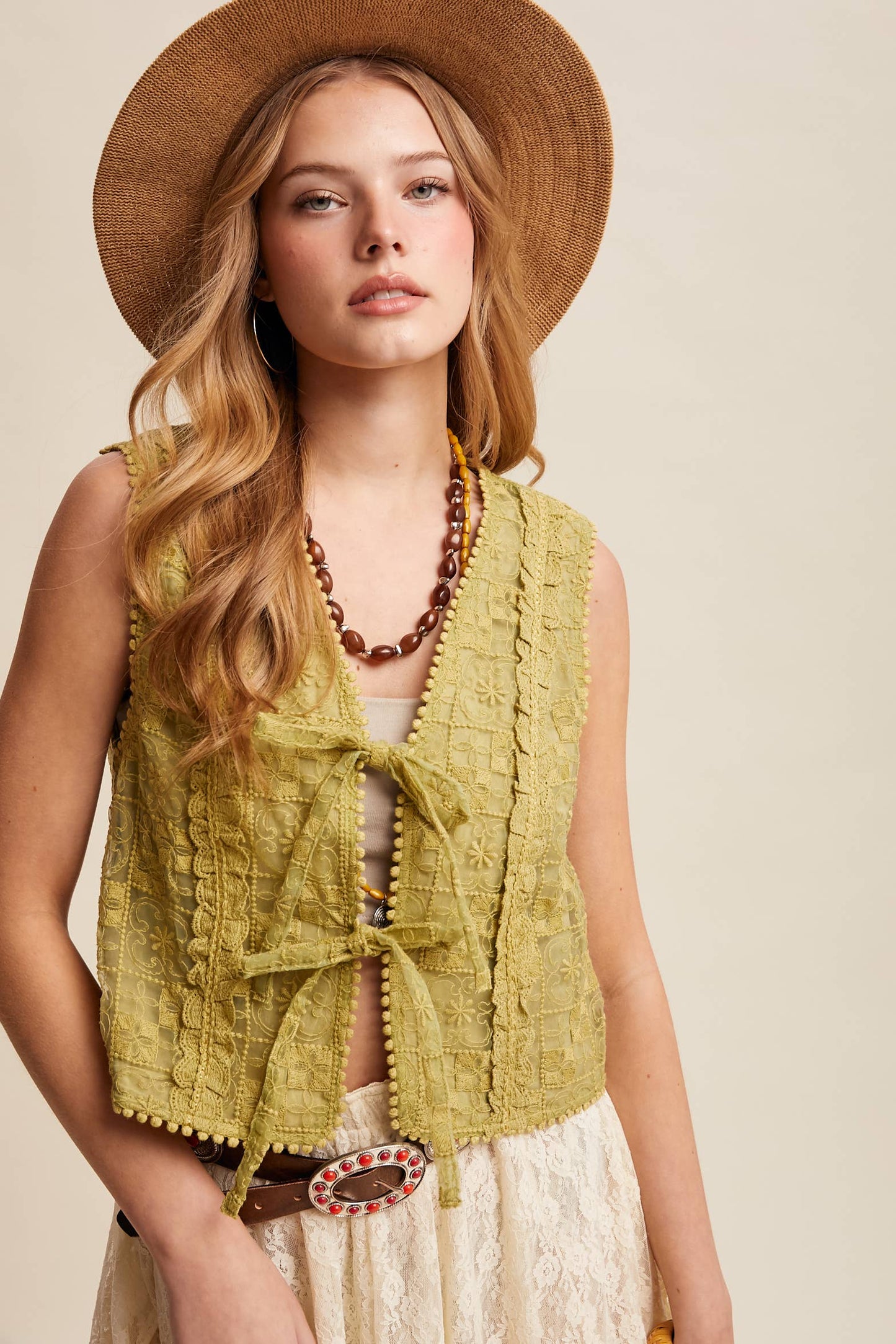 Embroidered Lace Tie-Front Vest LVT009
