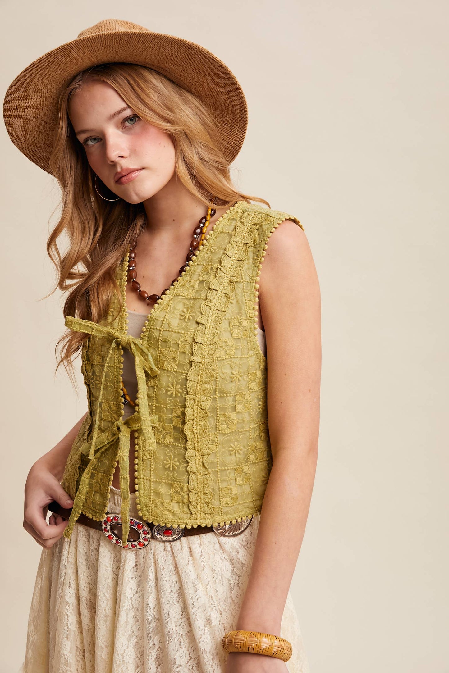 Embroidered Lace Tie-Front Vest LVT009
