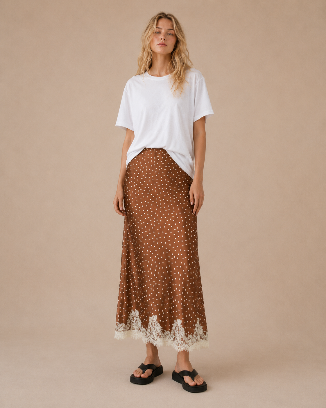 SA10146S - Lace Trim Polka Dot Midi Skirt