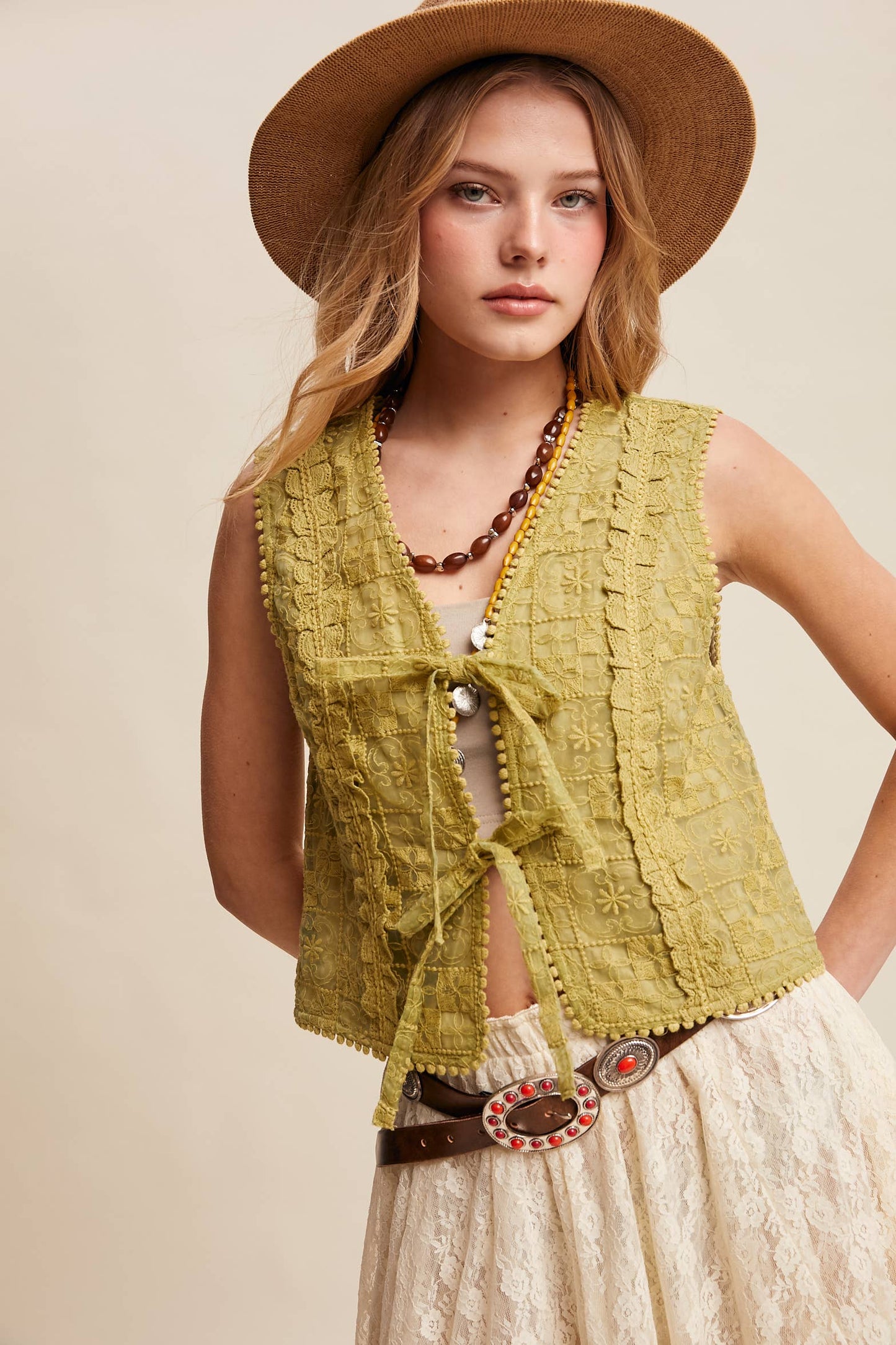 Embroidered Lace Tie-Front Vest LVT009