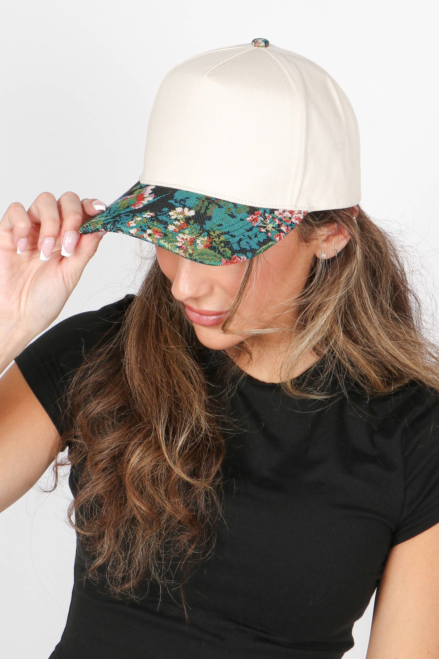 Floral Print Brocade 5 Panels Two Tone Baseball Cap