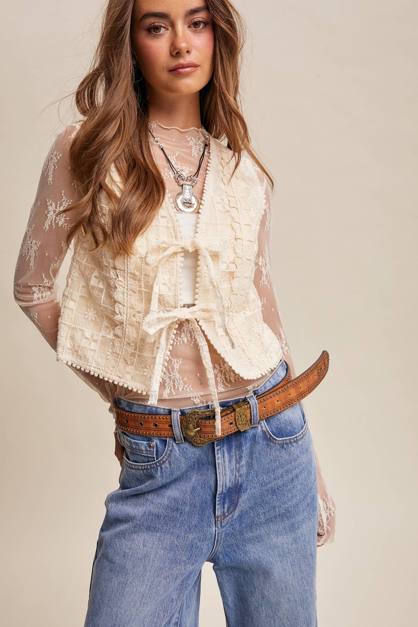 Embroidered Lace Tie-Front Vest LVT009