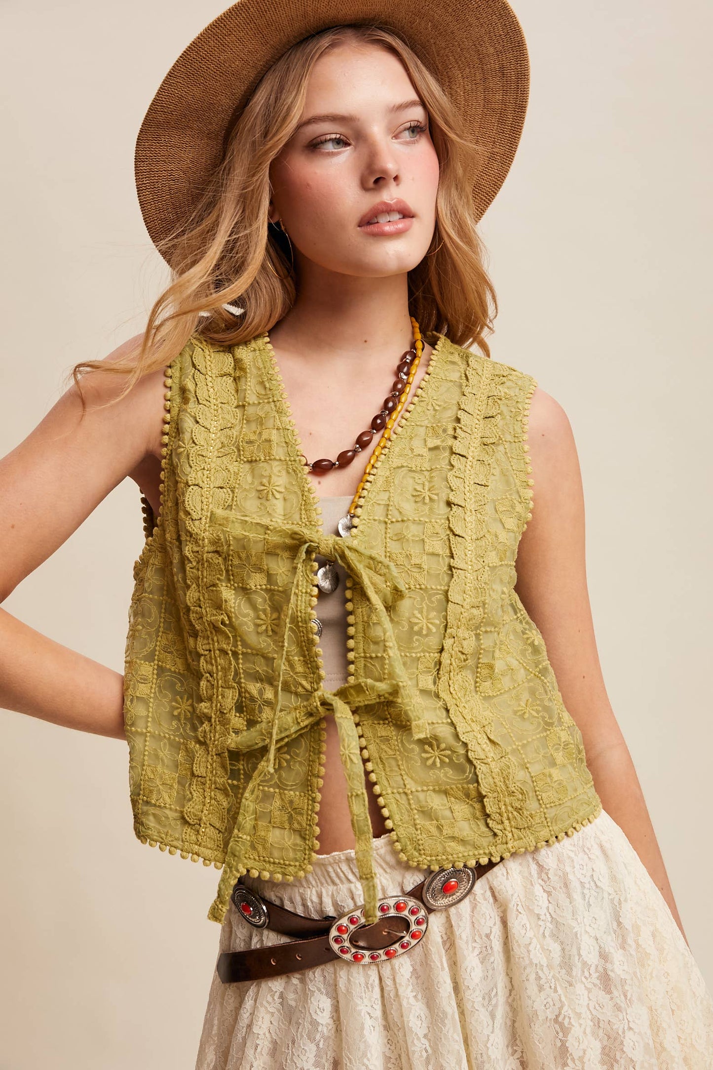 Embroidered Lace Tie-Front Vest LVT009
