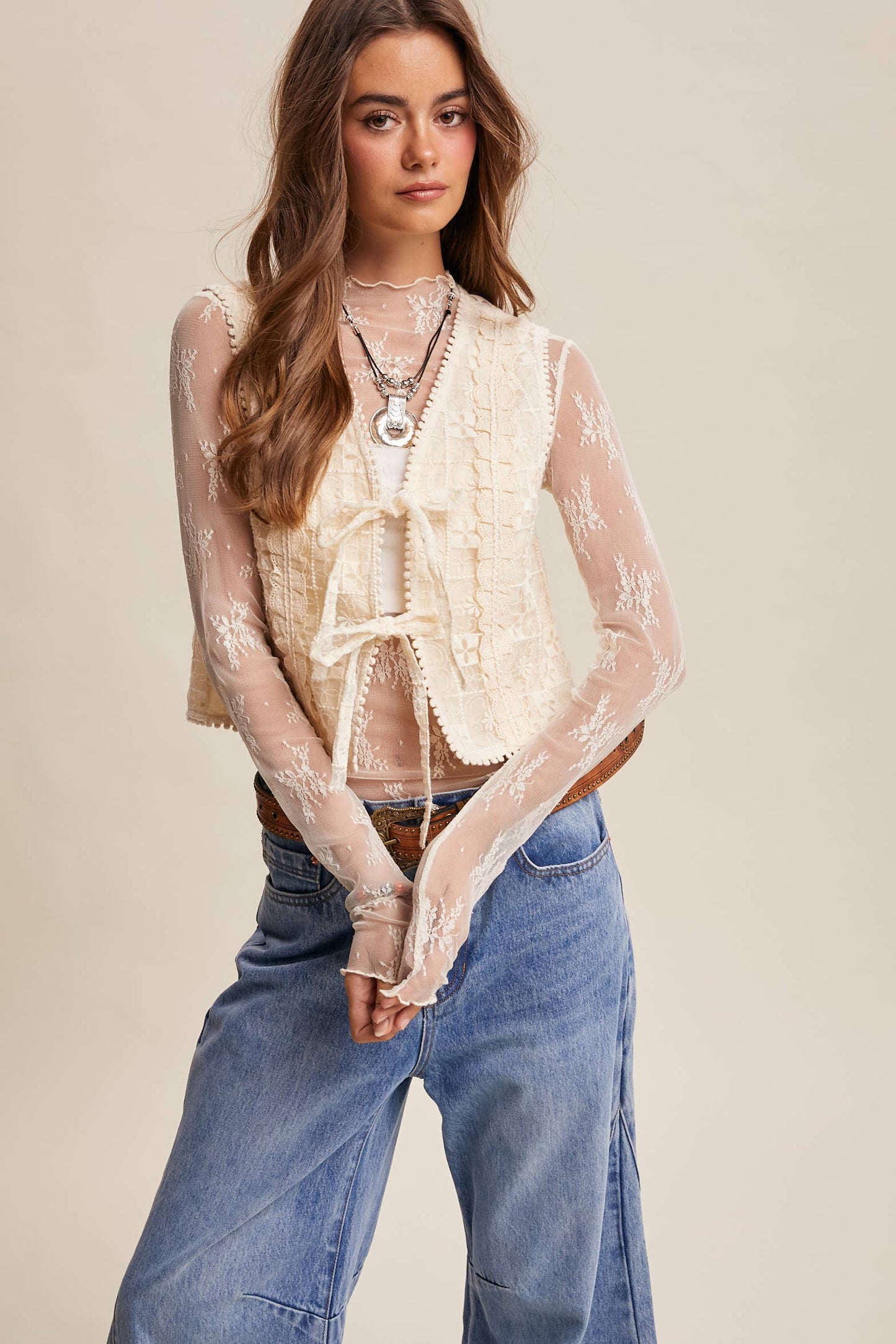 Embroidered Lace Tie-Front Vest LVT009