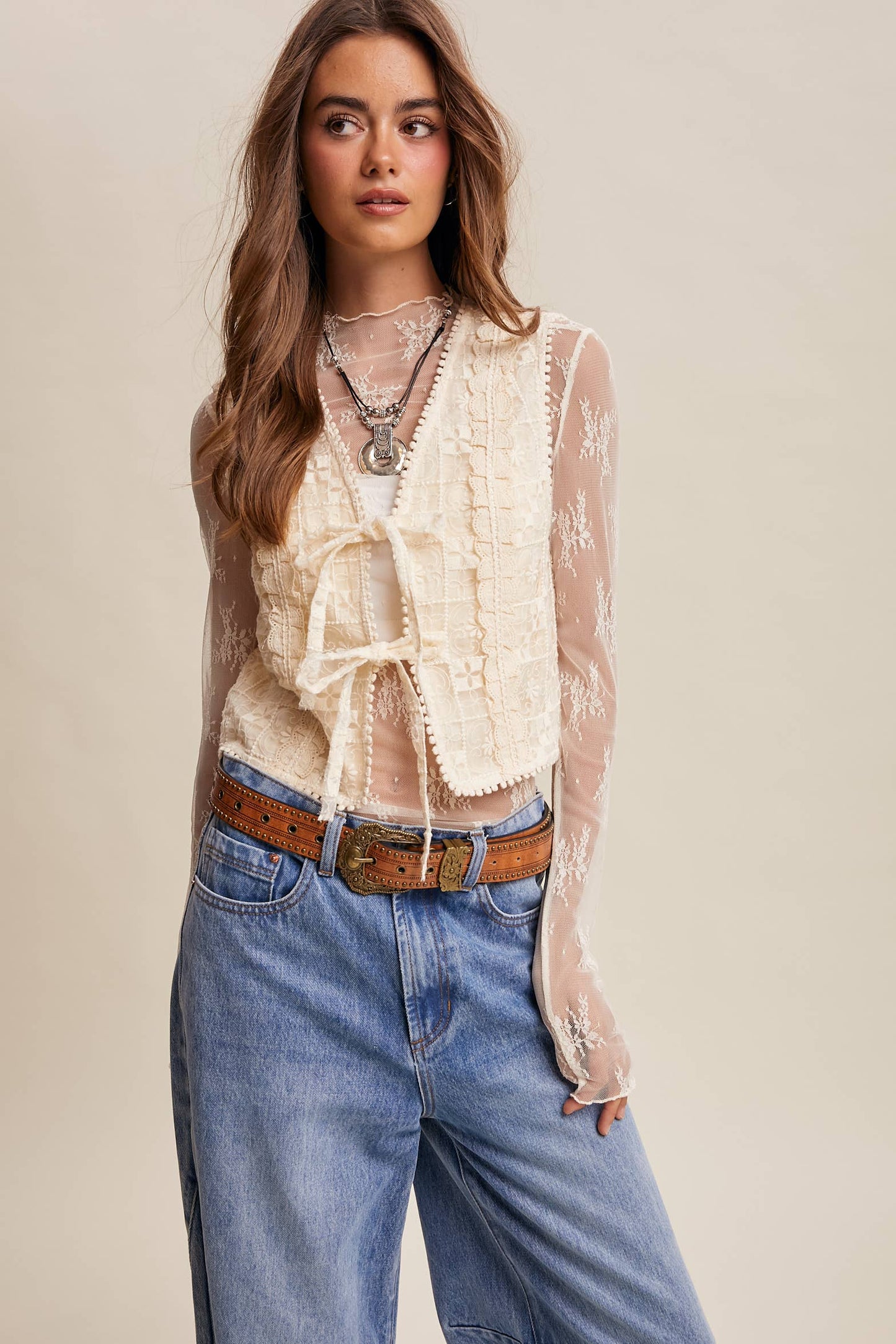 Embroidered Lace Tie-Front Vest LVT009