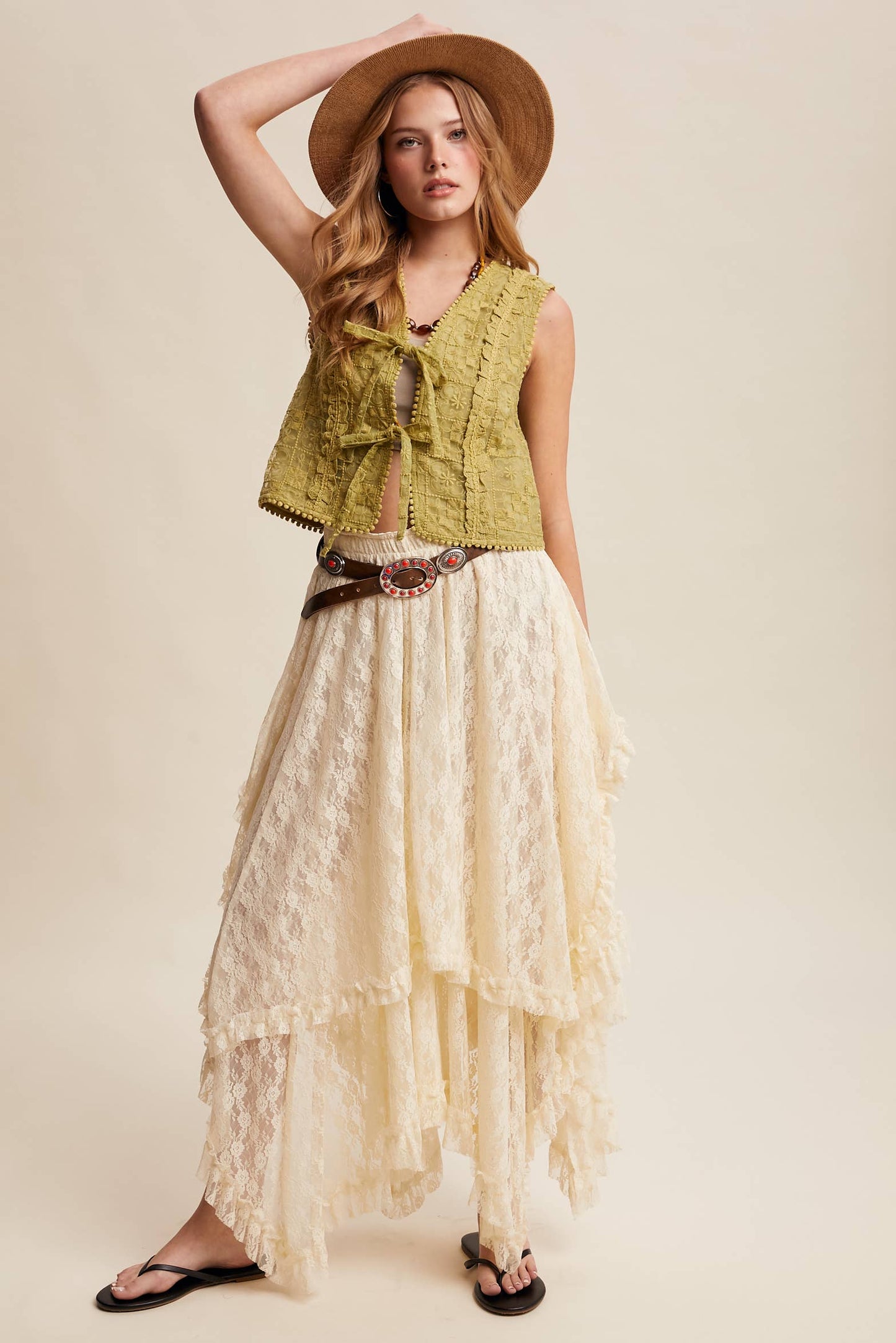 Embroidered Lace Tie-Front Vest LVT009