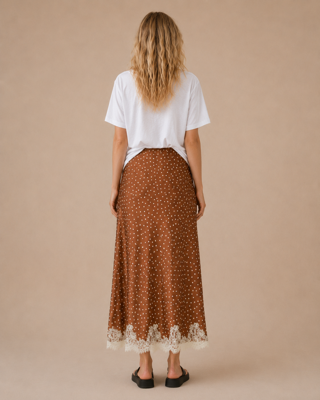 SA10146S - Lace Trim Polka Dot Midi Skirt