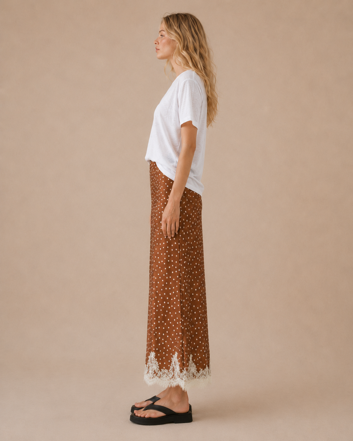 SA10146S - Lace Trim Polka Dot Midi Skirt