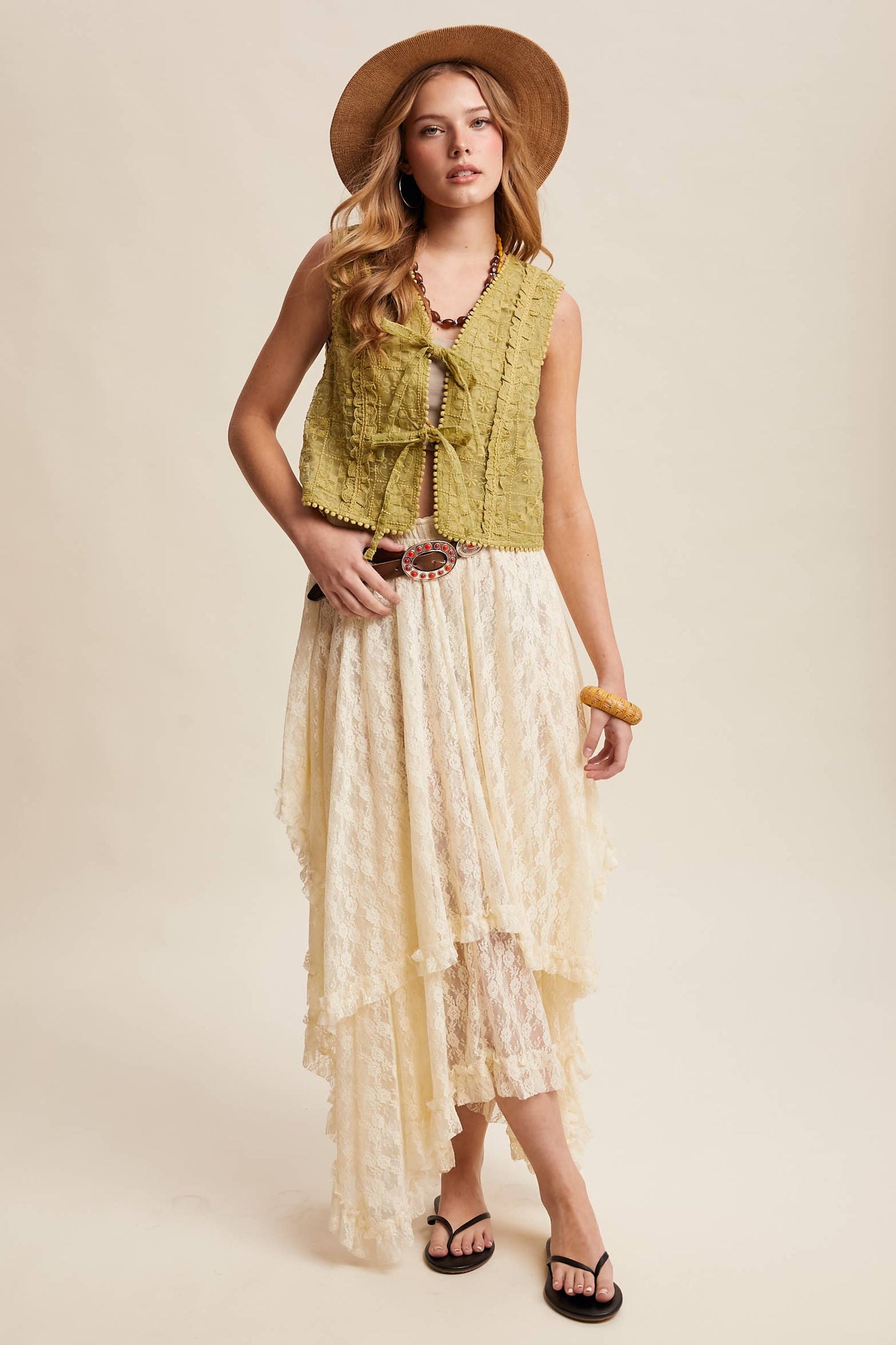 Embroidered Lace Tie-Front Vest LVT009