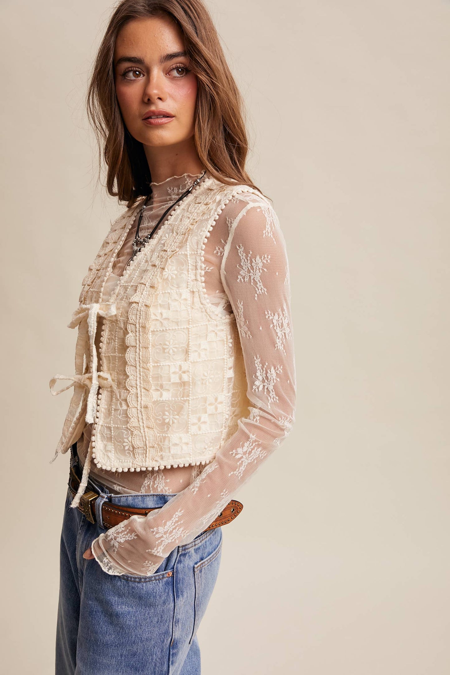 Embroidered Lace Tie-Front Vest LVT009