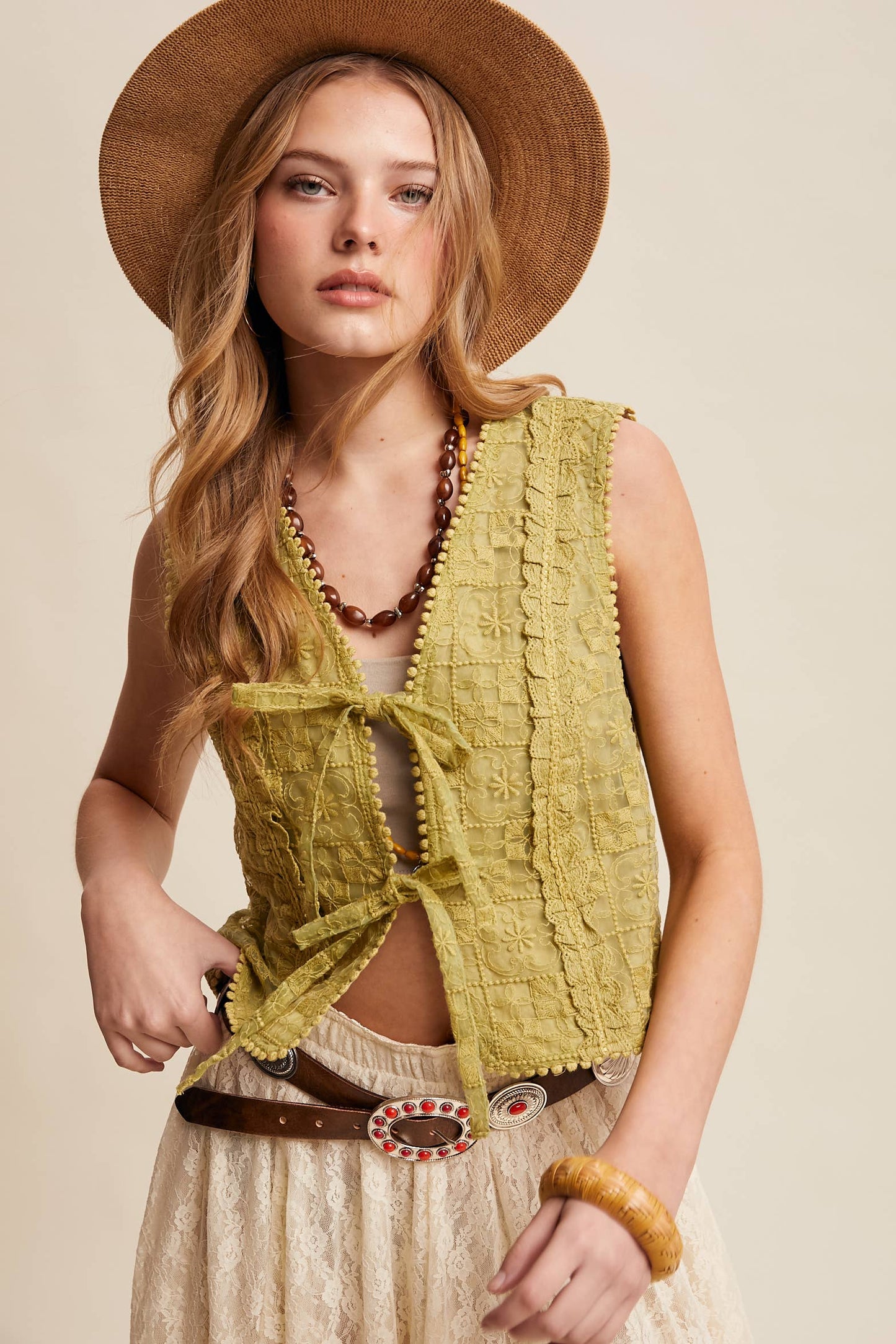 Embroidered Lace Tie-Front Vest LVT009