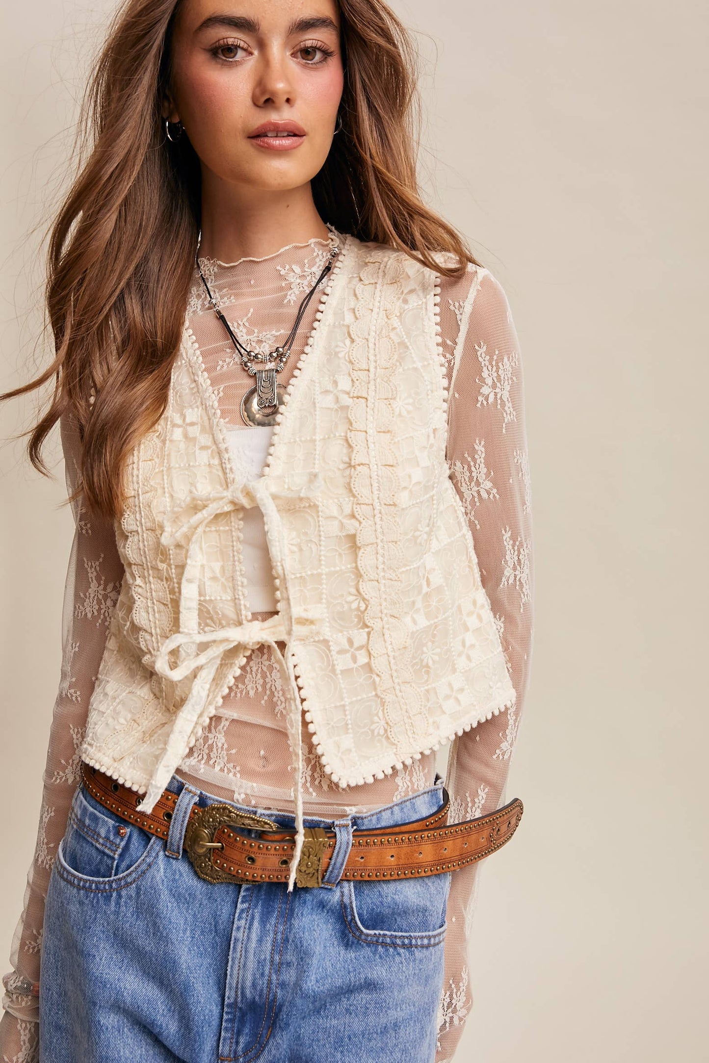 Embroidered Lace Tie-Front Vest LVT009