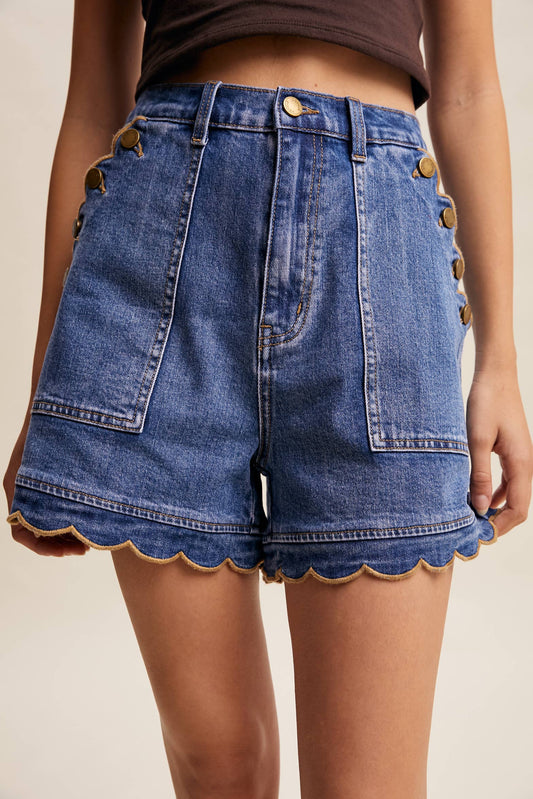Scallop Button-Side Stretch Denim Shorts LP0277