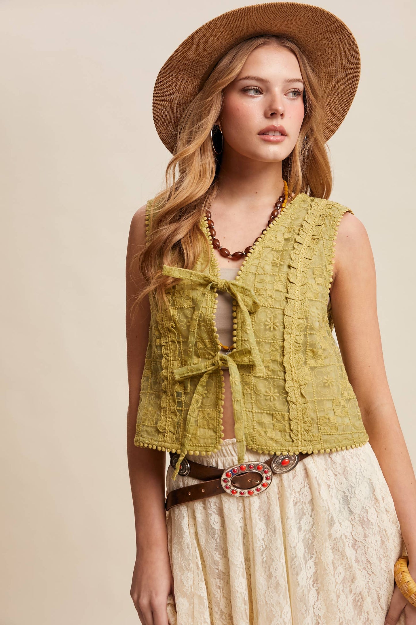 Embroidered Lace Tie-Front Vest LVT009