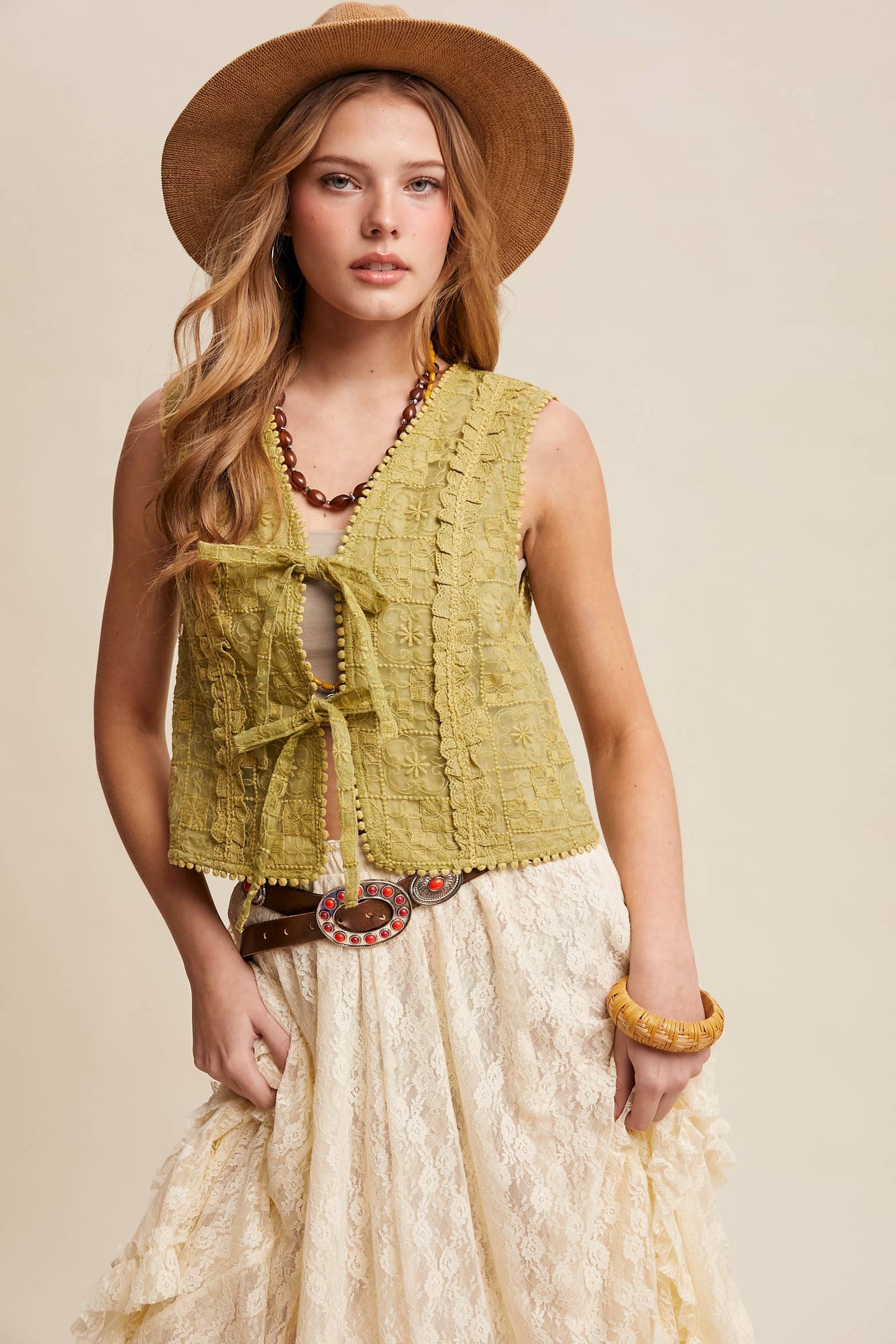 Embroidered Lace Tie-Front Vest LVT009