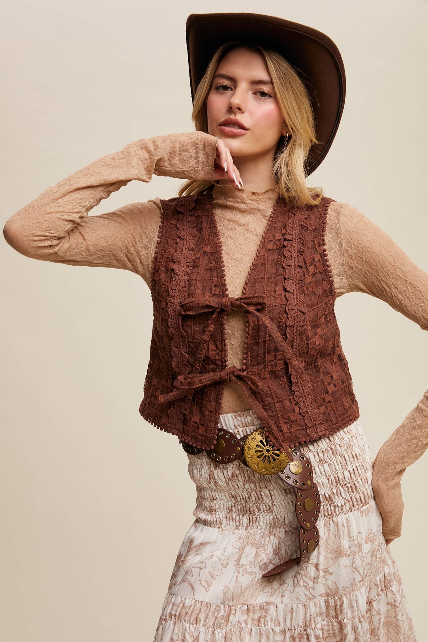 Embroidered Lace Tie-Front Vest LVT009